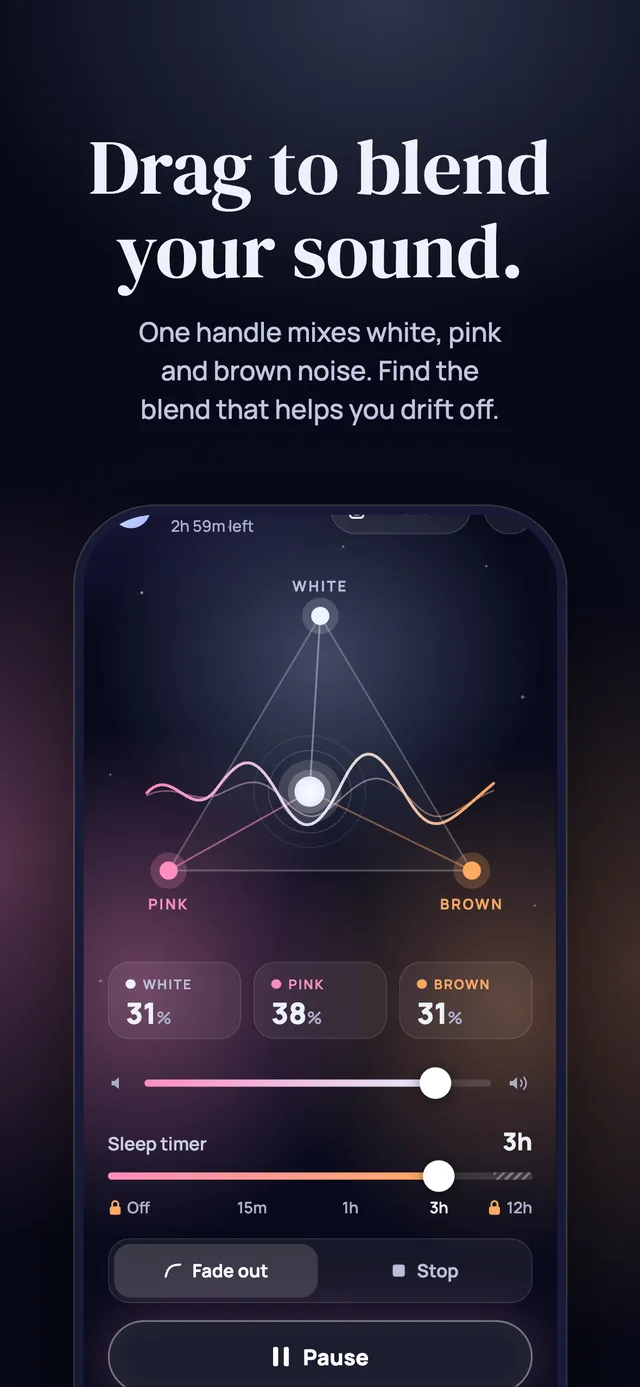 Slumbr's blend pad: a triangle with white at the top, pink at the bottom left and brown at the bottom right, showing a mix of 31 percent white, 38 percent pink and 31 percent brown, with volume, sleep timer and pause controls below.