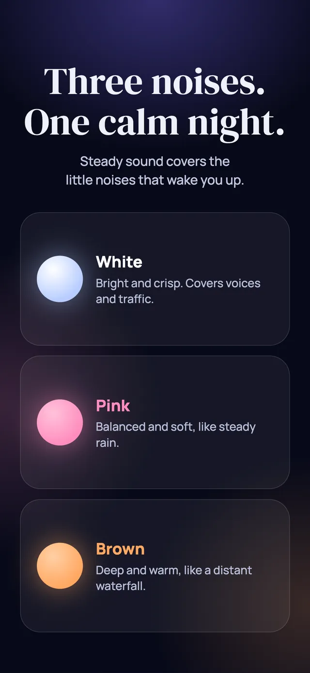 Three cards describing the noises: white is bright and crisp and covers voices and traffic, pink is balanced and soft like steady rain, and brown is deep and warm like a distant waterfall.
